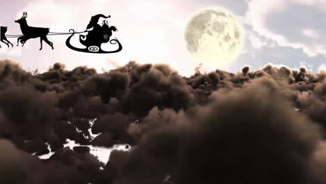 animation of santa claus in sleigh with reindeer over clouds and moon