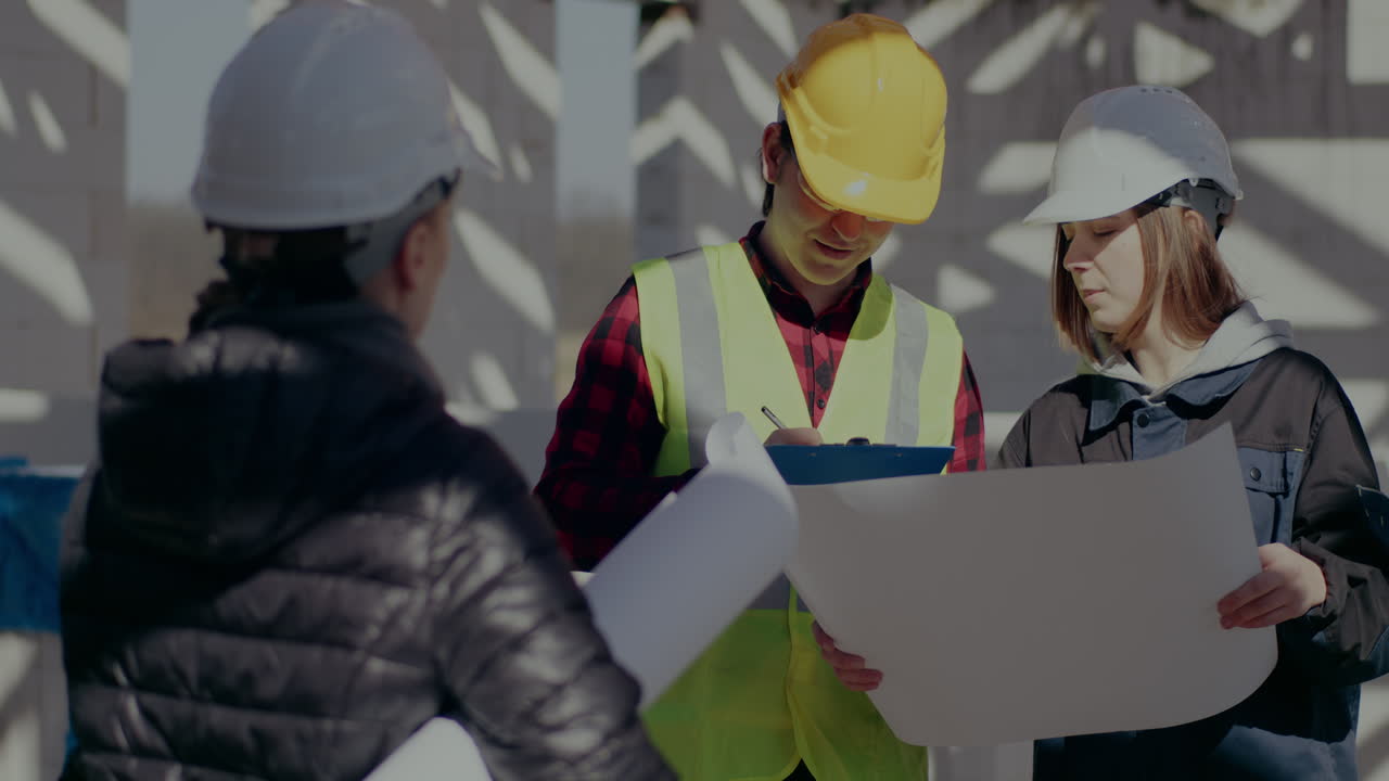 Young female architect discussing over blueprint with engineer while contractor writing on clipboard at construction site