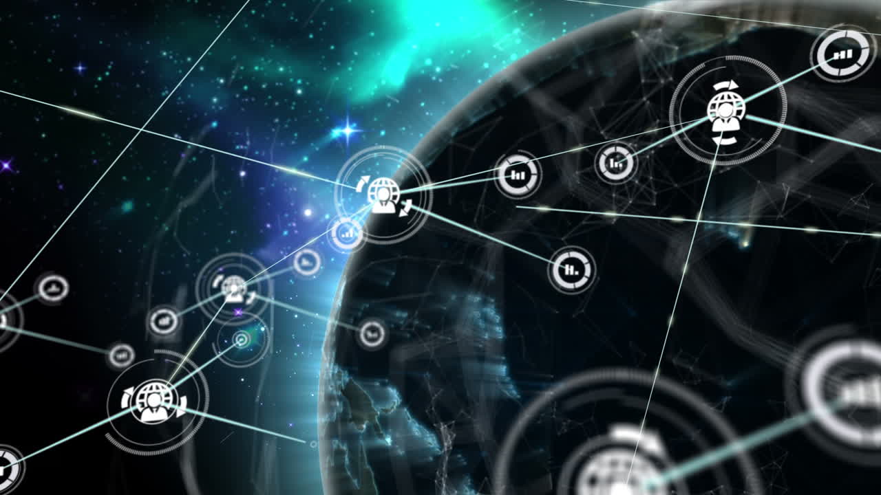 Animation of networks of connections with icons over globe on black background