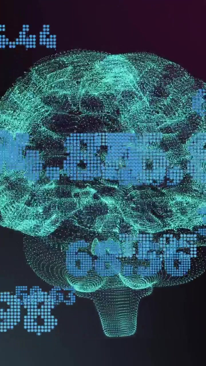 Animation of ai data processing and brain over black background