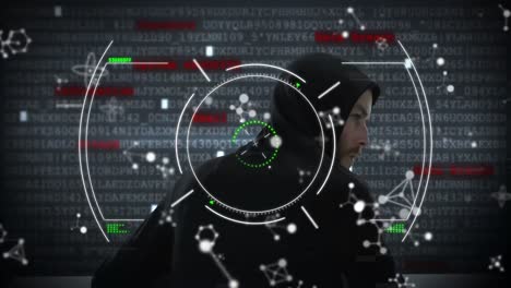 animación del escaneo del alcance y las moléculas sobre el hacker