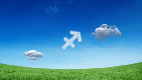 Animation-of-sagittarius-star-zodiac-sign-formed-with-white-clouds-on-blue-sky-over-meadow