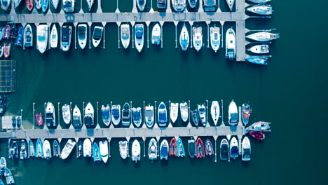 Aerial-view-of-boats-neatly-docked-at-a-marina-in-Gdynia,-Poland