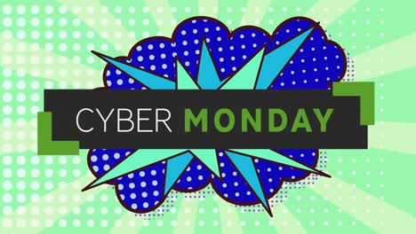 Animation-of-cyber-monday-text-over-retro-speech-bubble-against-green-radial-background