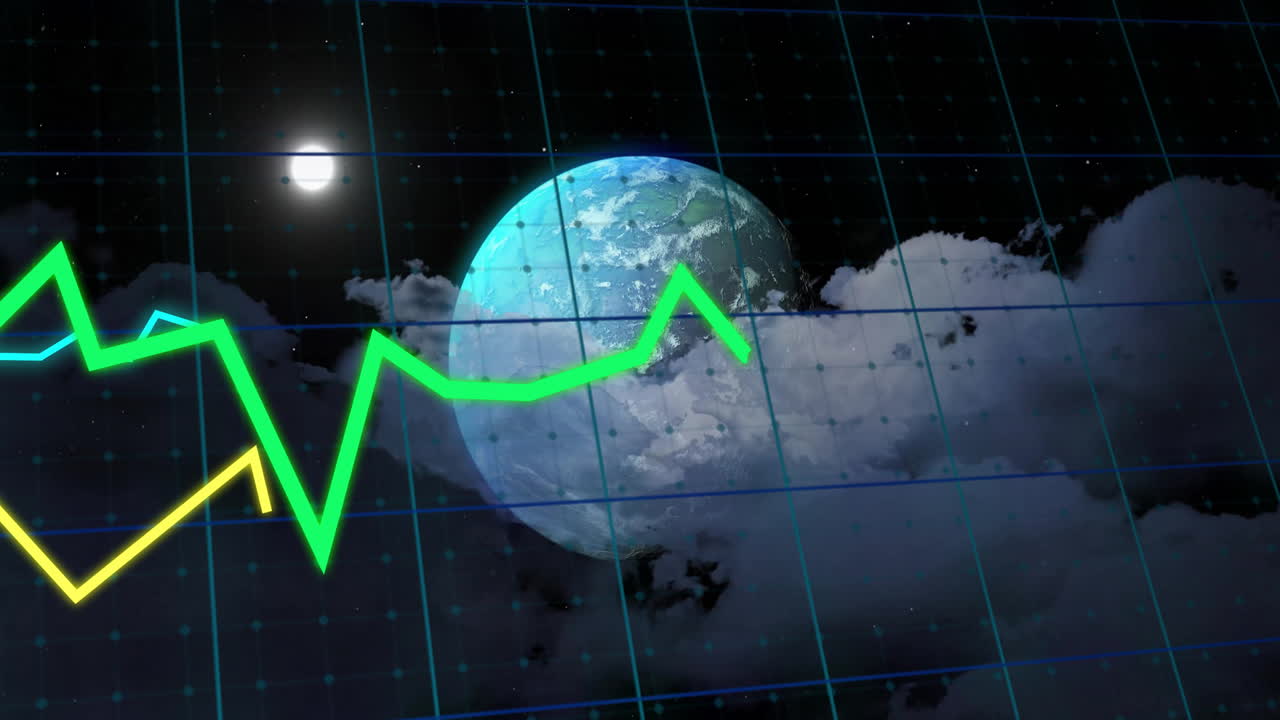 Animazione di elaborazione dati su globo e nuvole