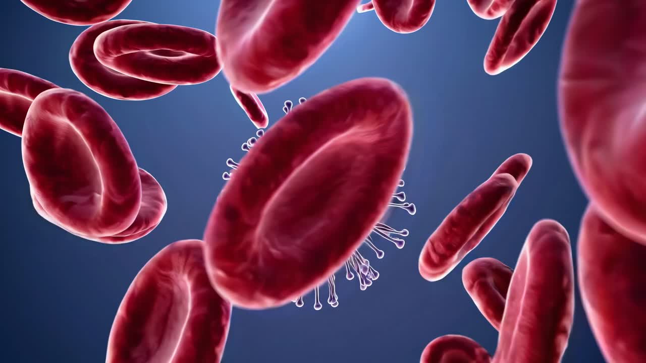 Dynamic video shot from a low angle, showcasing red blood cells in motion against a blue background