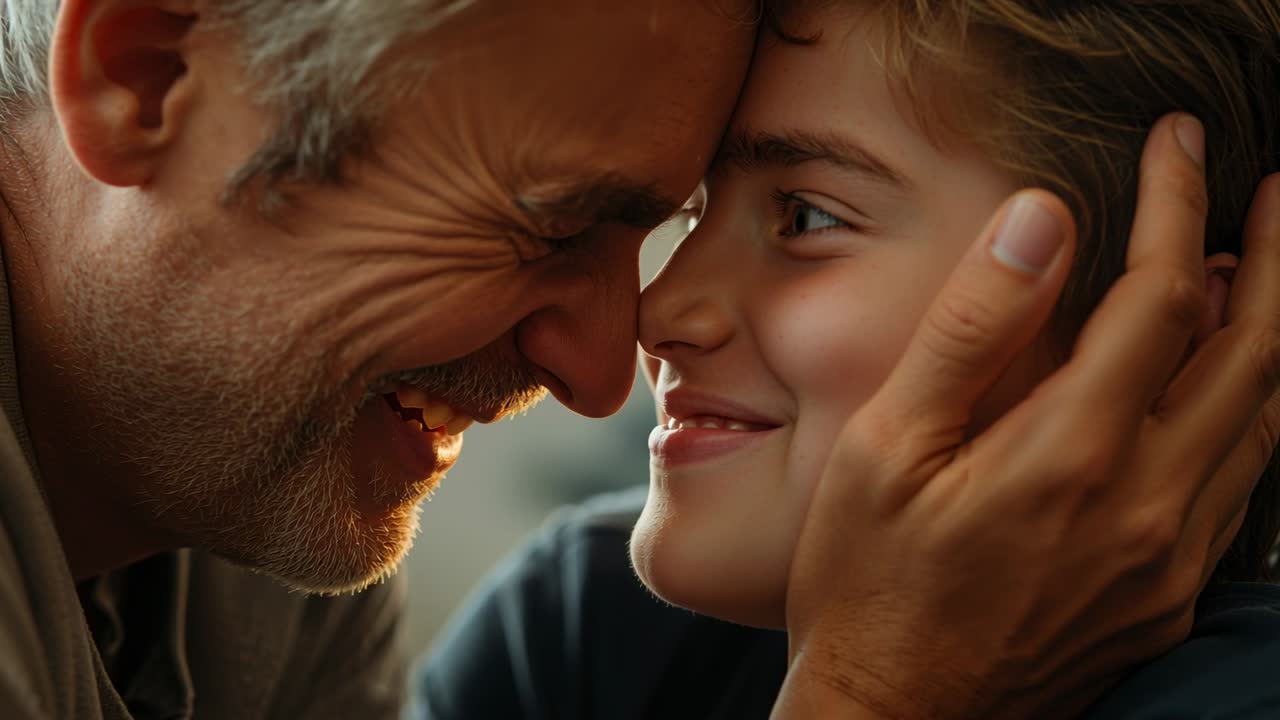 Leaning in adult male cupping child face with hands, pressing foreheads together at home, bonding