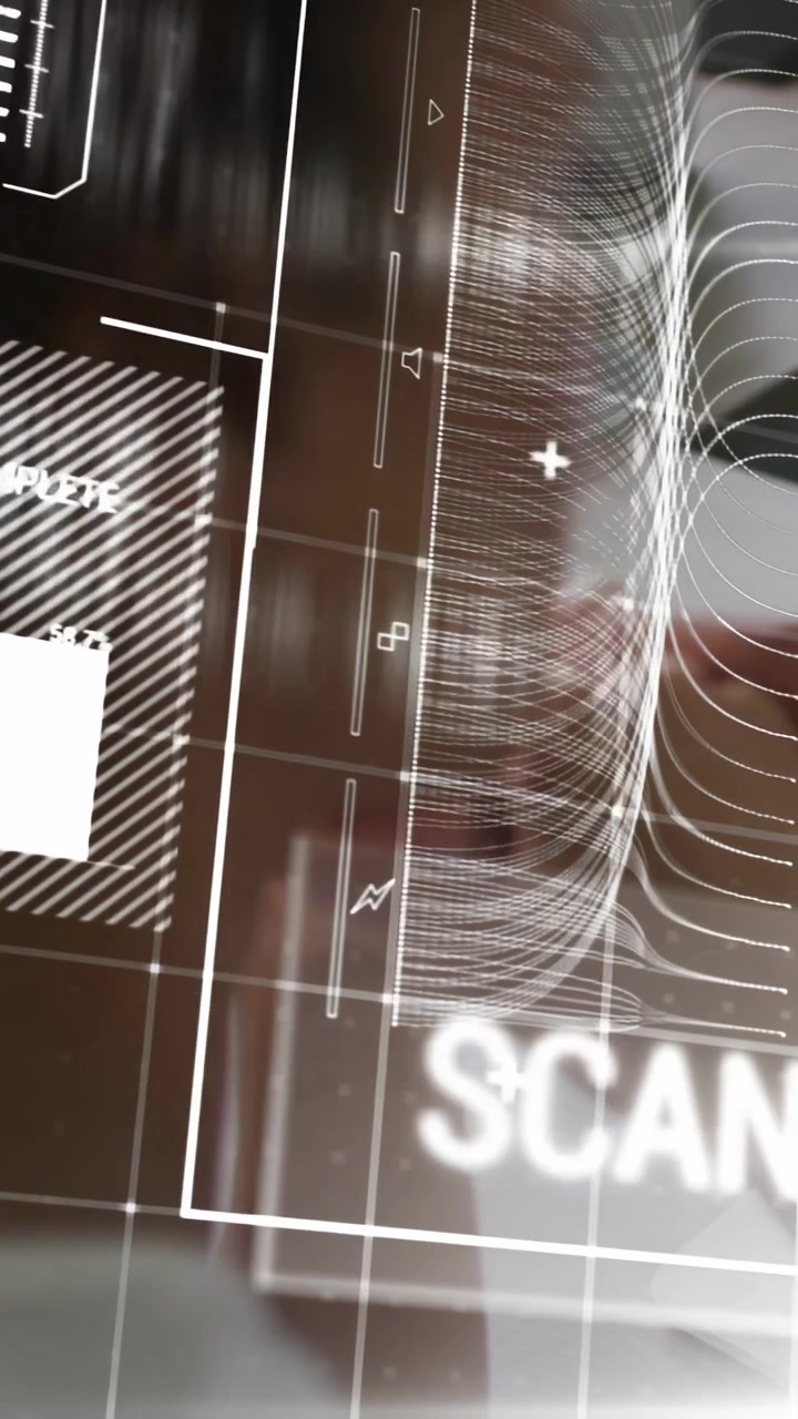 Vertical video: Woman moving phone, scanning glossy HUD, analyzing bars, flows, codes for tech