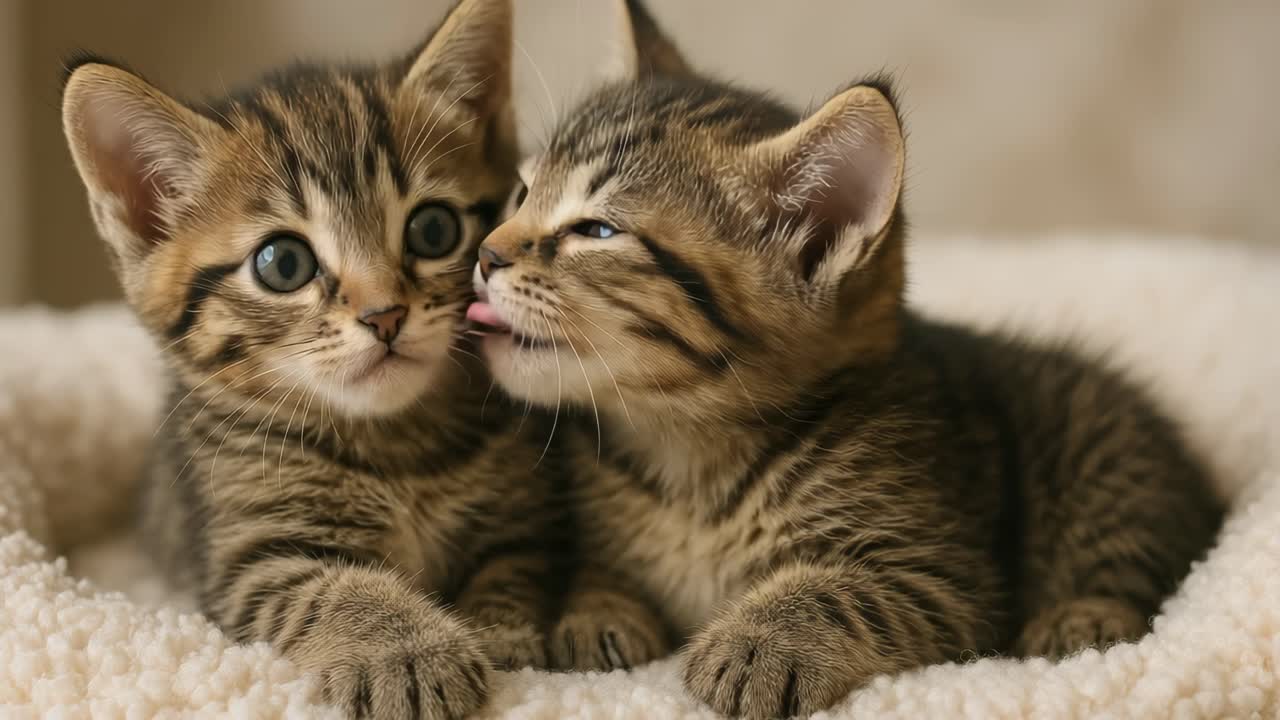 Close-up angle of two playful kittens on a soft blanket, one licking the other