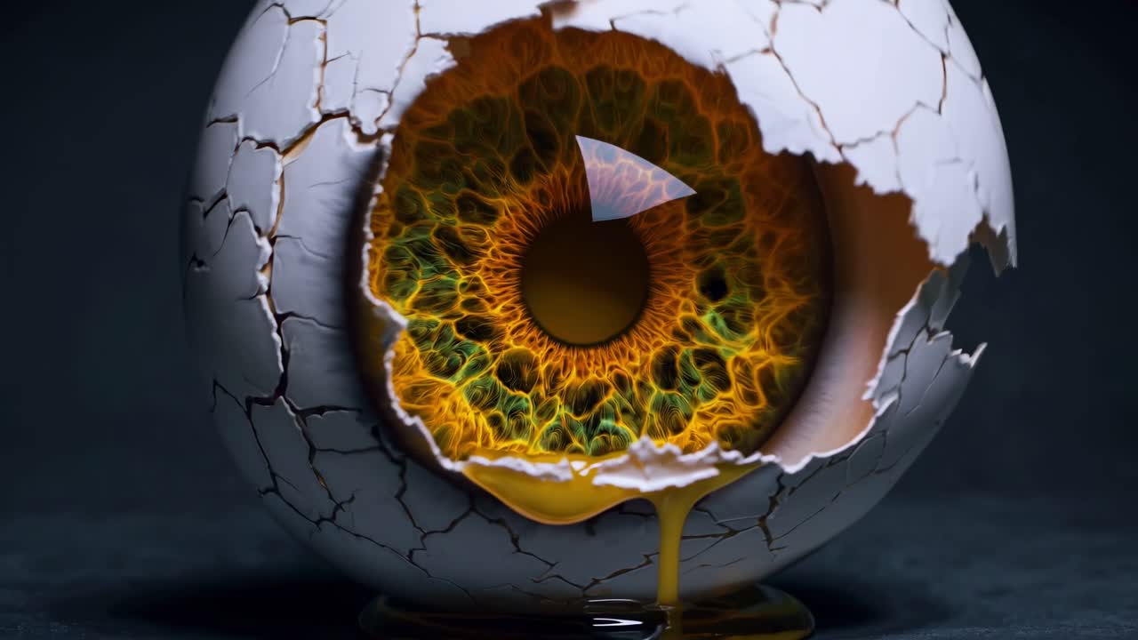 Surreal eye with orange and green iris hatching from cracked eggshell resting on a small pedestal, gradually zooming in against a dark background