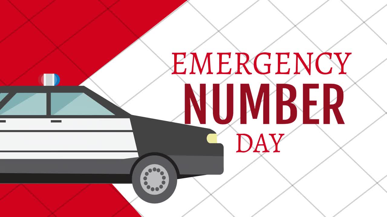 백색 바탕에 경찰차 아이콘이 있는 긴급 번호 날짜 텍스트의 애니메이션