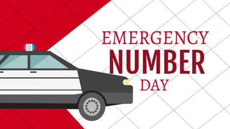 animation of emergency number day text with police car icon on white background