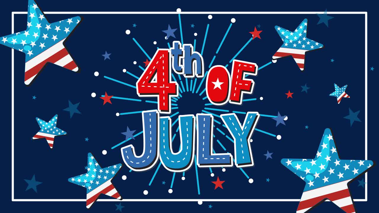 Dynamic animation with patriotic stars, fireworks, and bold text celebrating Independence Day. Vibrant colors and lively transitions enhance the festive mood