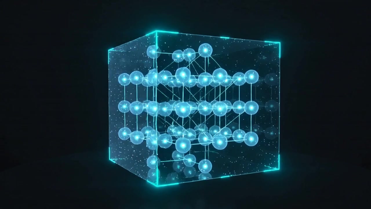 Animating holographic cube rotating after playback start in dark studio, highlighting glowing nodes