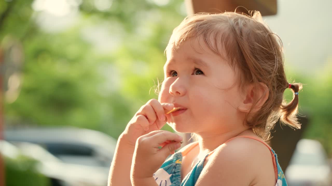 adorable linda feliz sonriente rubia niña pequeña comiendo bocadillos y sacudiendo la cabeza mientras mira hacia la puesta de sol en el patio de recreo por el apartamento - cerrar cámara lenta