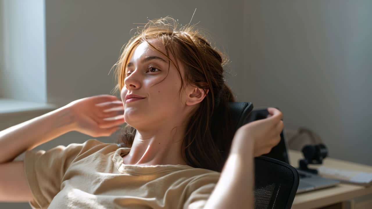Pulling hair woman in khaki tee reclining in mesh chair after pausing work, relaxing with laptop