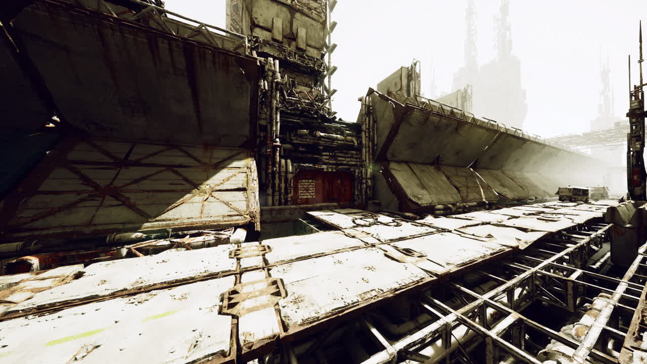 Abandoned industrial site with rusted structures and broken machinery in fog