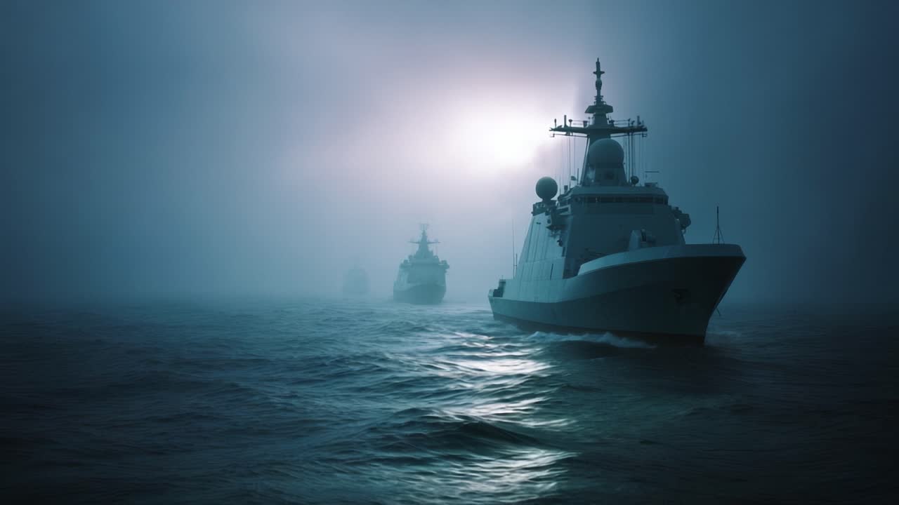 Drei Marineschiffe gleiten durch neblige Ozeangewässer unter schwachem Mondlicht. Nebel verdeckt entfernte Schiffe und verstärkt das Geheimnisvolle. Wellen kräuseln sich unter modernen Kriegsschiffen. Die Szene vermittelt Spannung und Geheimhaltung.