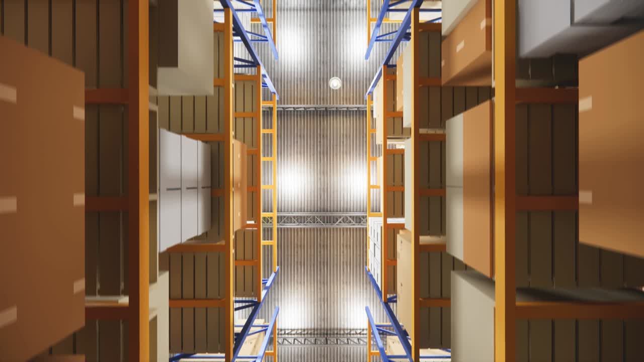 almacén con cajas de cartón en el interior en estantes de paletas, centro logístico. loft almacén moderno. cajas de cardboard en una cinta transportadora en un almacén, animación de renderización 4k 3d.