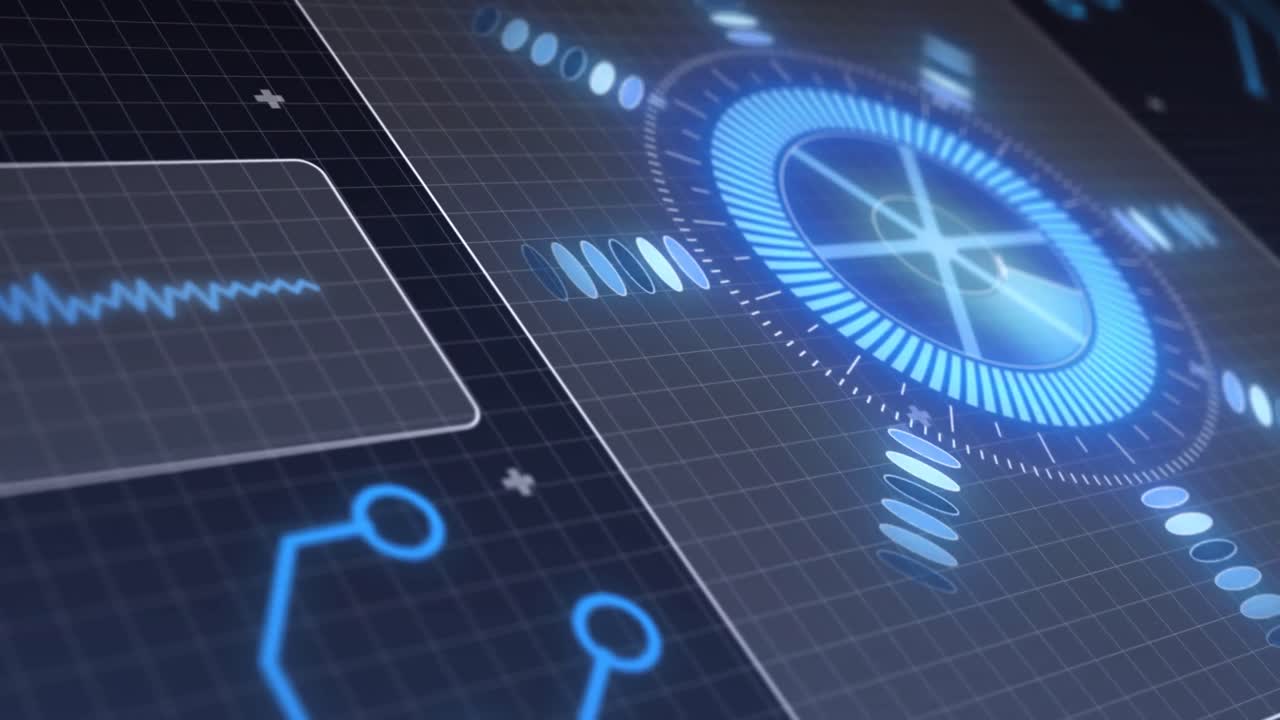 Animation of scope scanning, processor elements and data processing on screens over grid