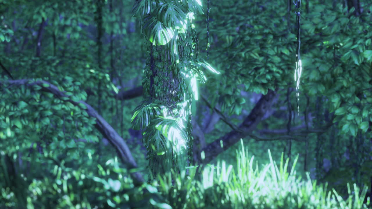 부드러운 아침 빛과 울창한 잎자루로 활기찬 초록색 숲