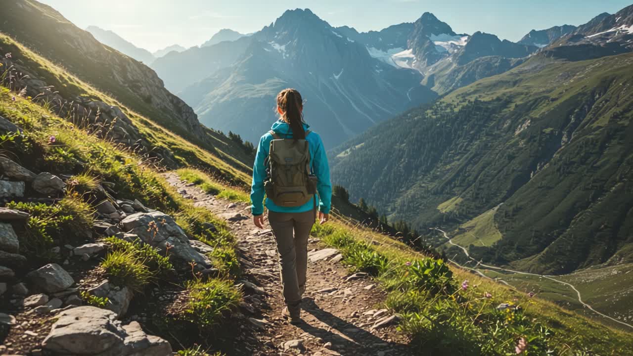 A Solo Hiker Embraces the Majesty of Nature, Trekking Along a Scenic Path Surrounded by Breathtaking Mountains Under a Clear Blue Sky