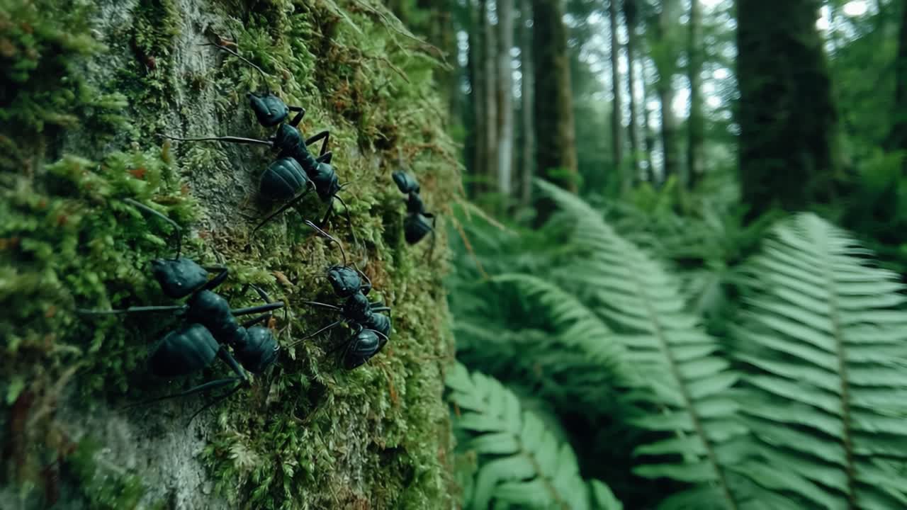 A Close-Up Study of Ants on a Moss-Covered Tree Bark in a Lush Forest, Highlighting Their Intricate Details and Dynamic Movement in a Vibrant Ecosystem