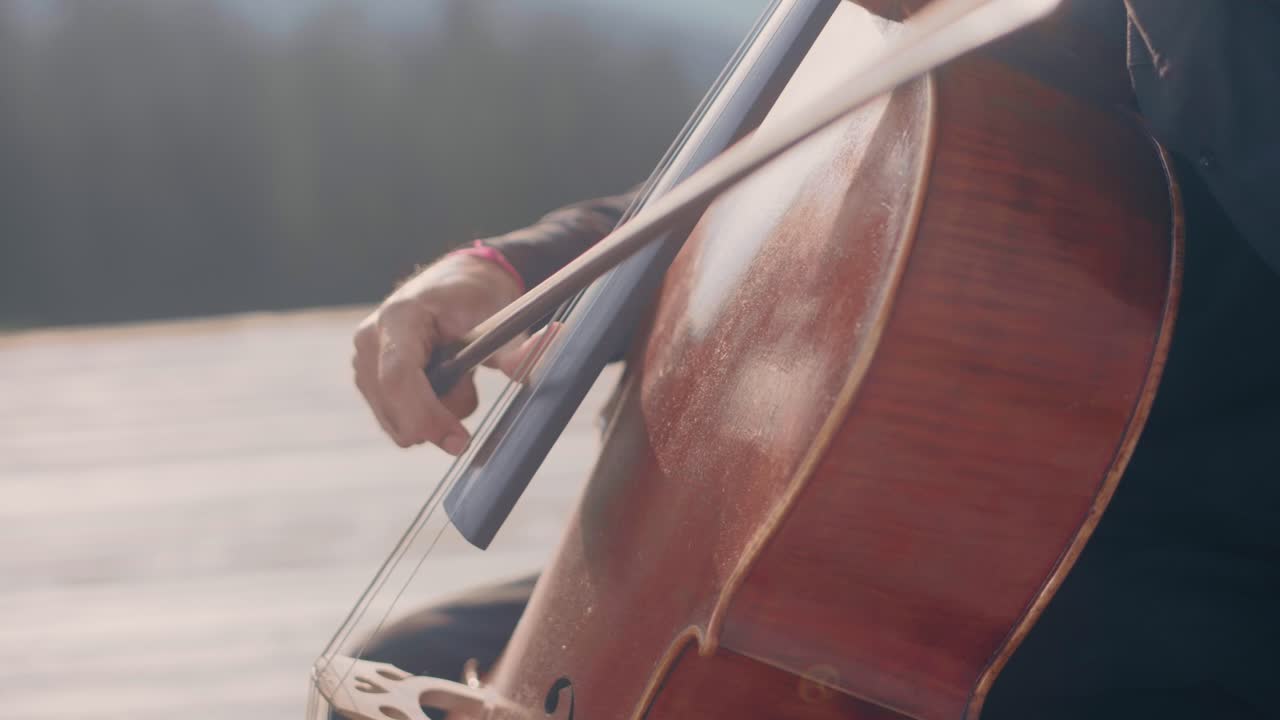 primer plano de un violonchelista, tocando al estilo pizzicato al aire libre en un cálido paisaje otoñal con una camisa negra