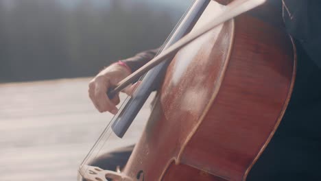 close up of a cello player, playing pizzicato style outdoors in a warm autumn scenery wearing a black shirt