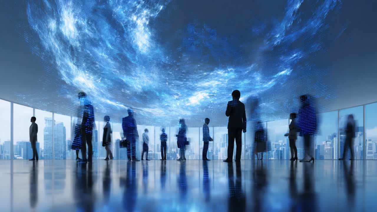 Business Meeting in a Futuristic Skyline Setting with a Vibrant Digital Ceiling, Showcasing Professionals Engaging Amidst a Blue Cosmic Display