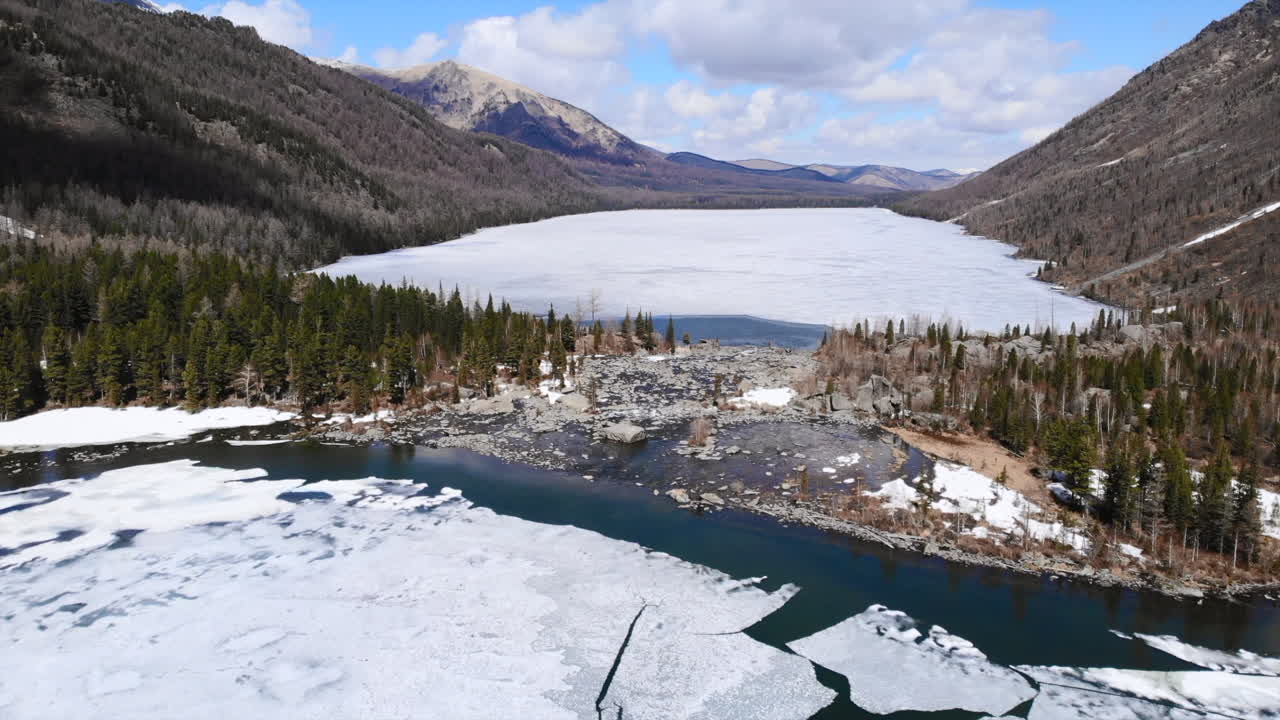 Partially Frozen Mountain Lake Landscape with Spring Thaw