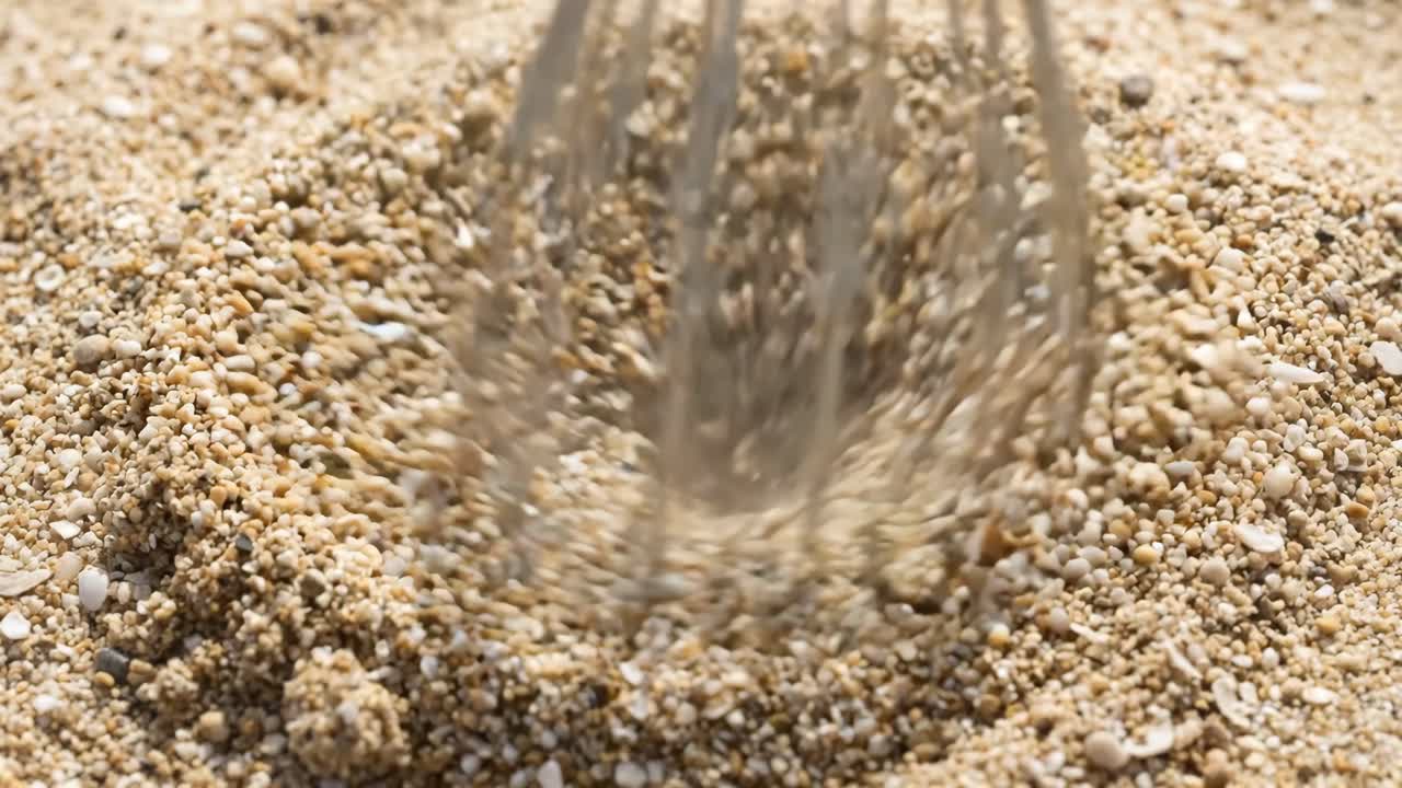 Gros plan d'un fouet mélangeant du sable et de petits galets