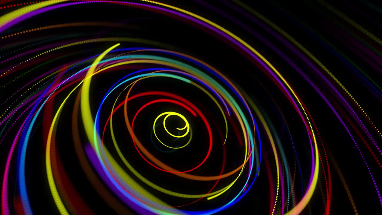 4k에서 세련된 창의적인 추상적인 배경: 회전하는 경로를 따라 회전하는 나선형으로 회전하는 색의 선; 모션 디자인: 선, 나선형 및 추상적인 구조를 형성하는 입자의 bg; 3d 렌더링