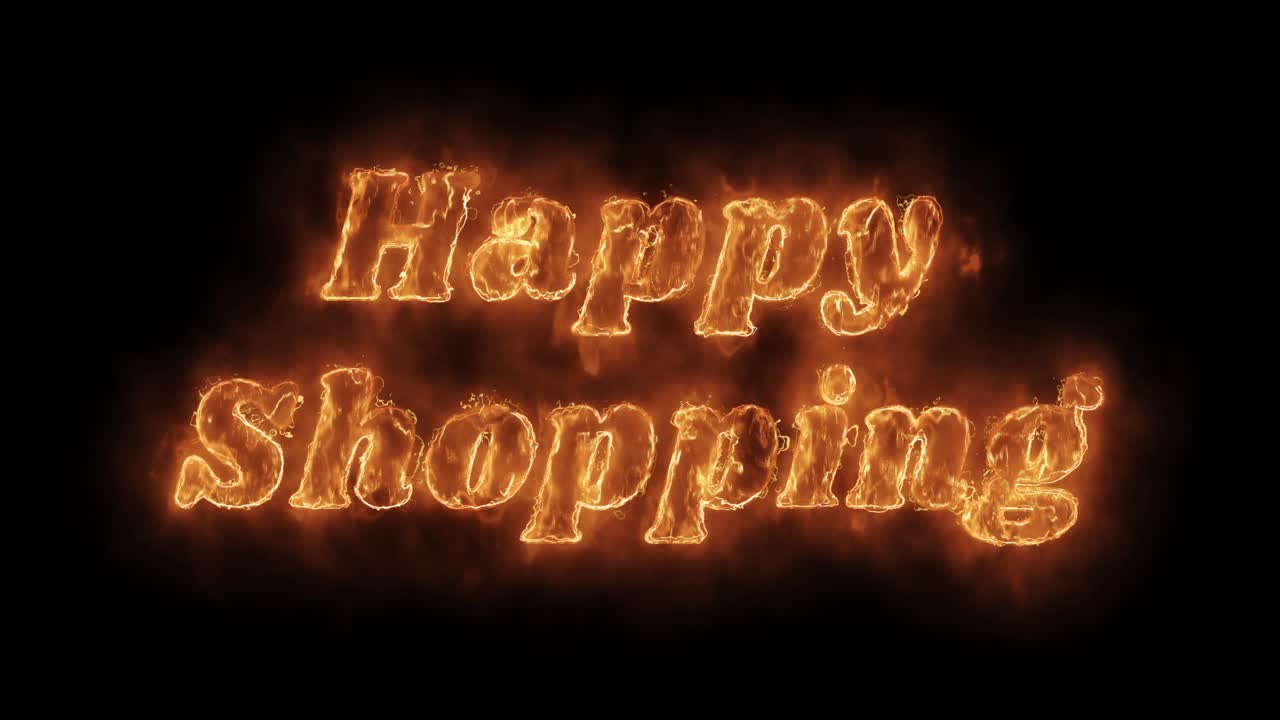 Happy shopping word hot animated burning realistic fire flame and smoke seamlessly loop animation on