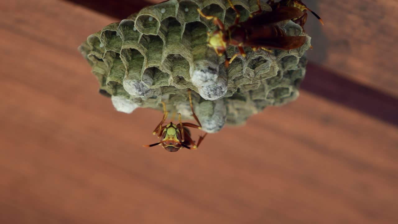 A group of paper wasps (Polistes cavapyta) working on their nest