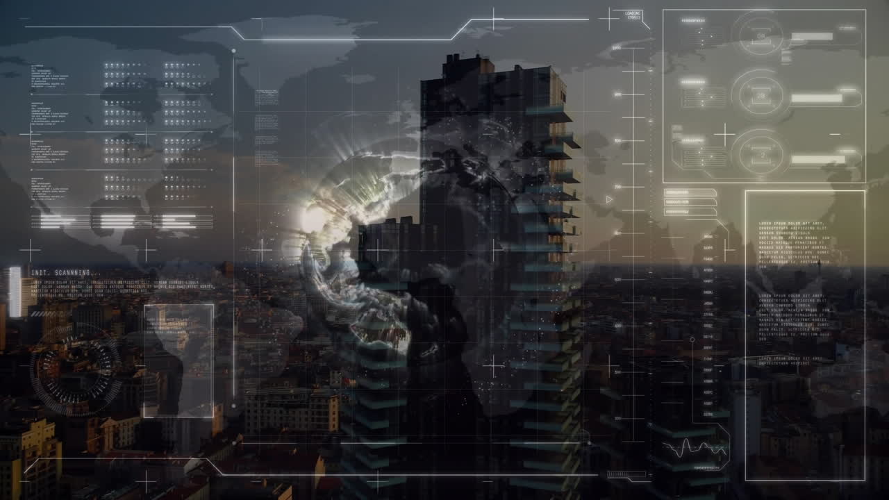 Futuristic data processing animation over cityscape with tall building at sunset