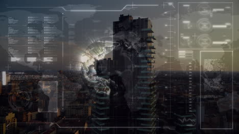 futuristic data processing animation over cityscape with tall building at sunset
