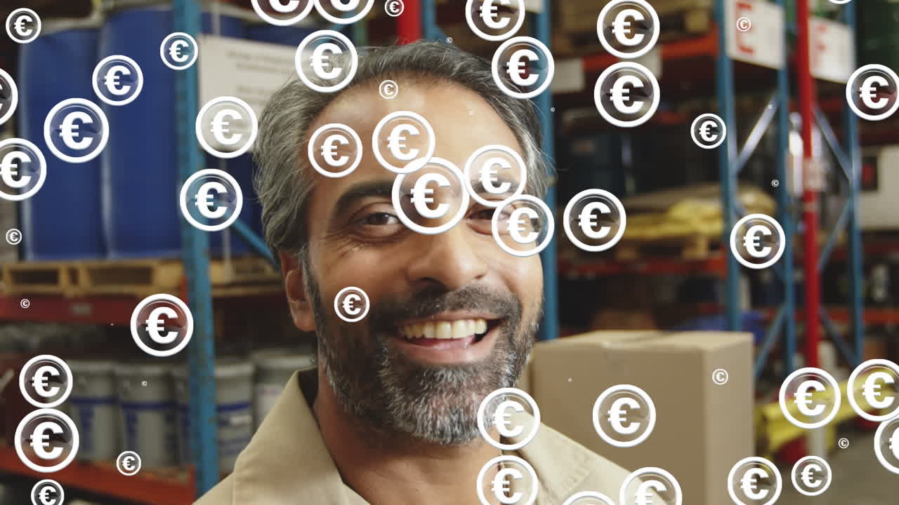 animación de señales de euro que caen sobre un trabajador de almacén biracial