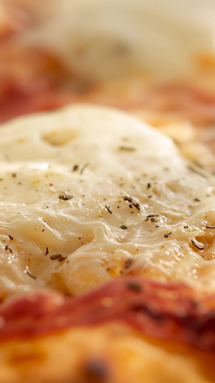 Video verticale: Telecamera che cambia messa a fuoco rivelando un uovo fritto su un set di cibo, mostrando formaggio e pancetta.