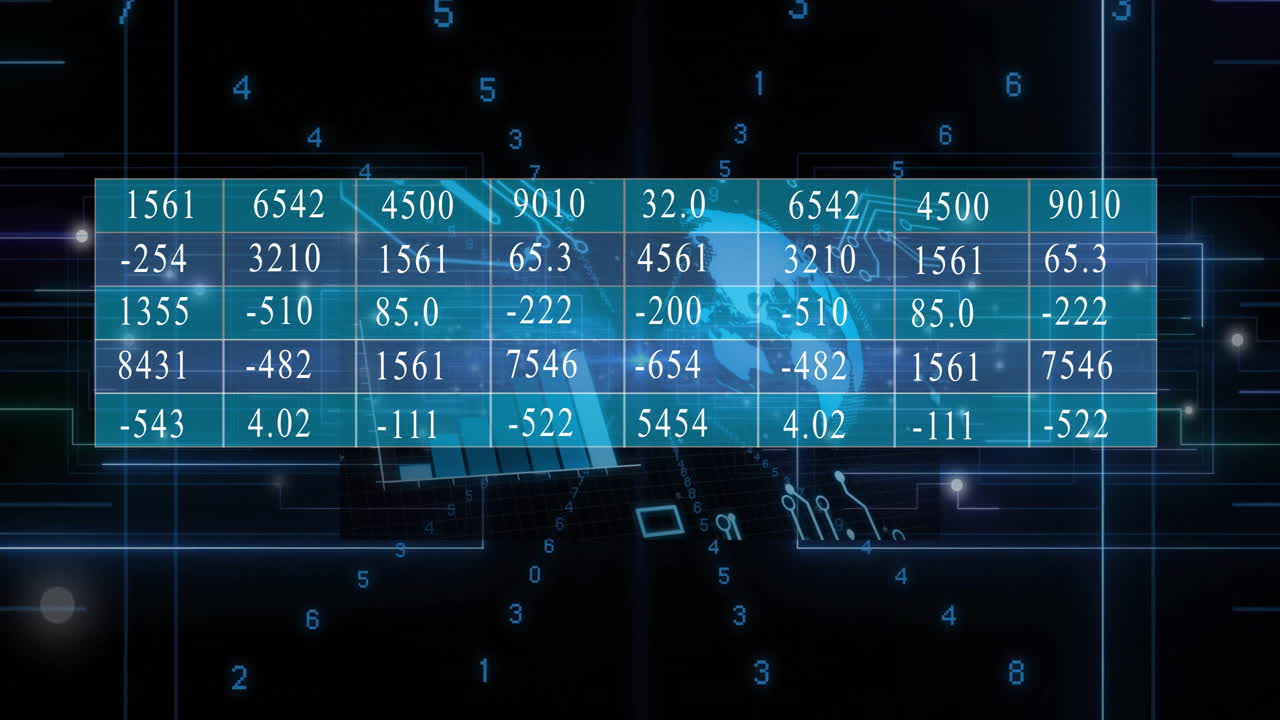 Animation of digital data table with numbers on blue and black tech background