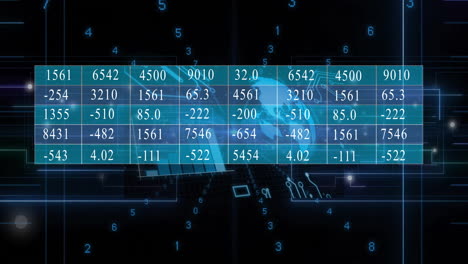animation of digital data table with numbers on blue and black tech background