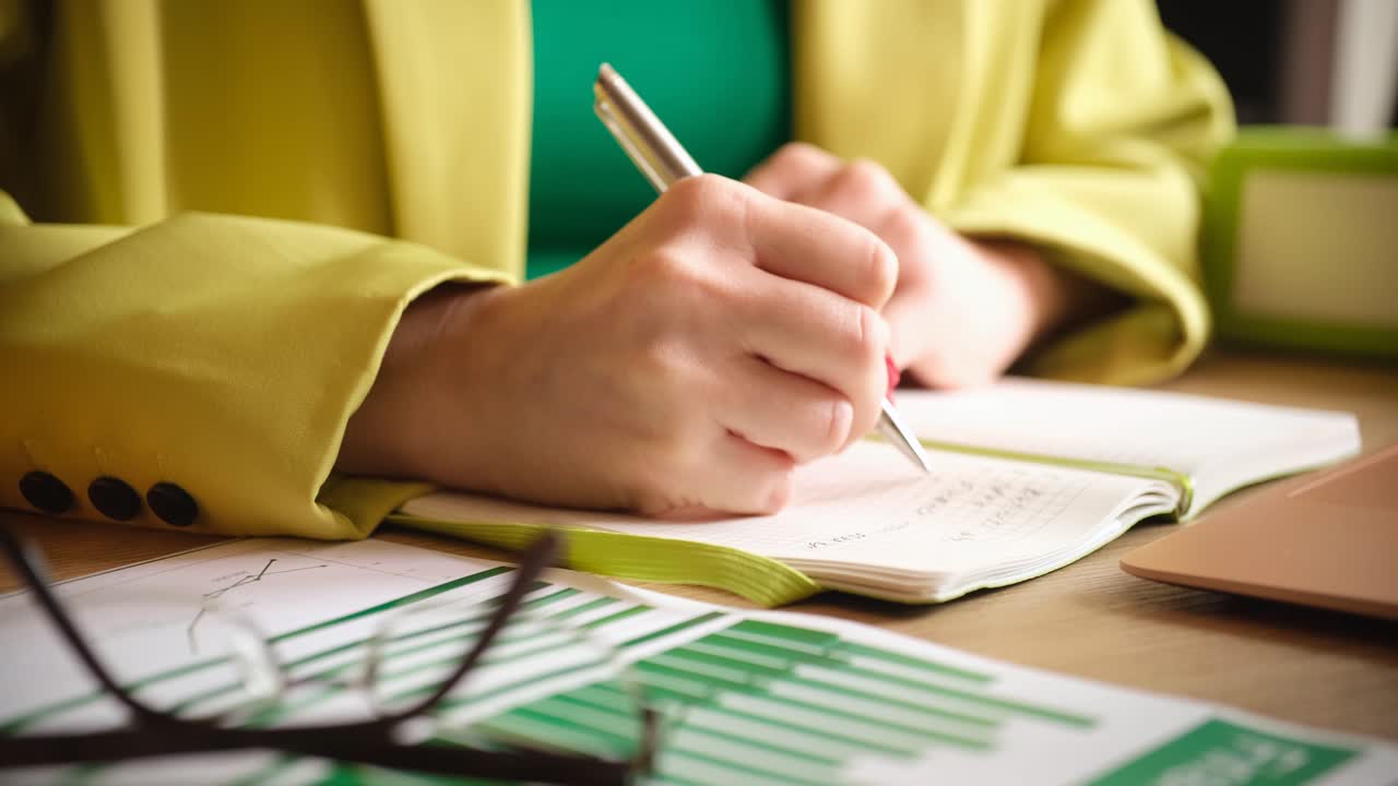 Woman writing in notebook at desk
