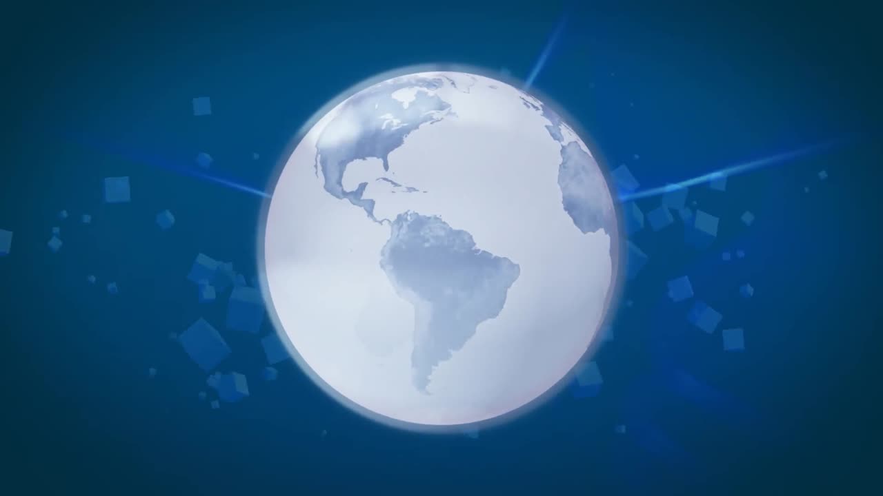 파란색 배경에 움직이는 모양 위에 회전하는 지구의 애니메이션