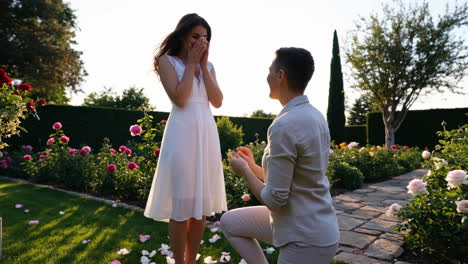 a romantic marriage proposal in a beautiful rose garden