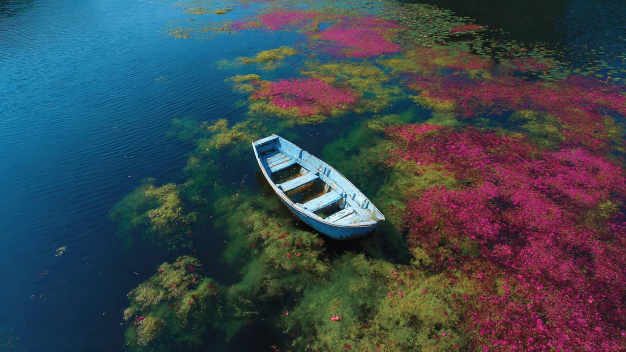 A Tranquil Scene of a Weathered Boat Floating Amidst Vibrant Floral Vegetation, Surrounded by Crystal Clear Waters Reflecting Nature's Beauty