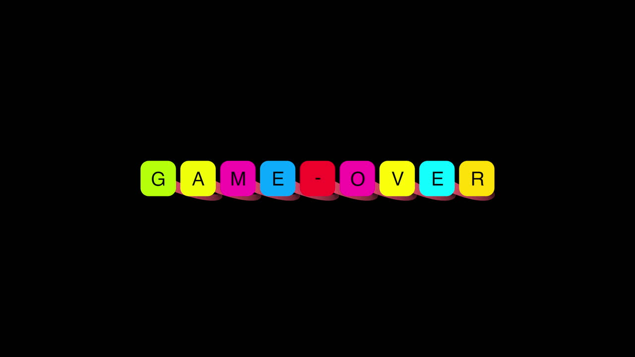 Minimalist and high-tech "Game Over" display within a data-driven HUD environment. Represents the end of a simulation or metaverse experience