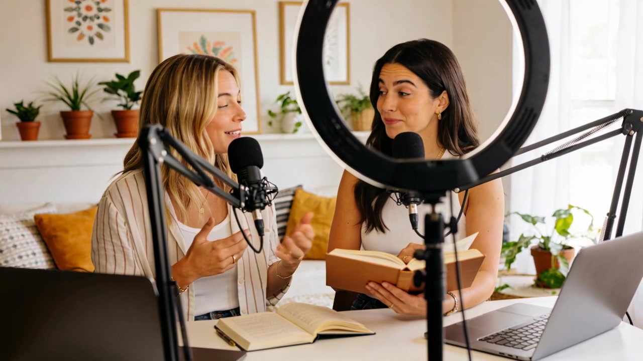 Starting recording two hosts speaking and gesturing at home studio for podcast, striped shirt, mics