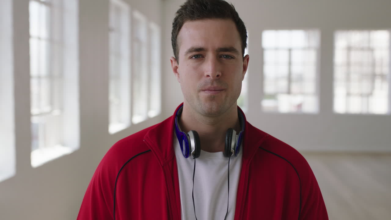 retrato en primer plano de un apuesto joven hombre caucásico que busca enfocado serio en la cámara hombre intenso mirando fijamente en una habitación de apartamento moderno