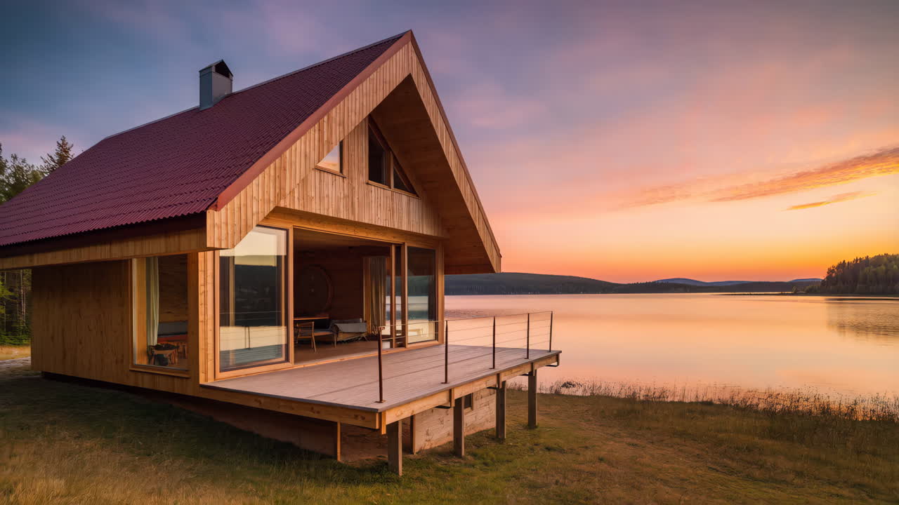 Modern wooden cabin by a serene lake at sunset