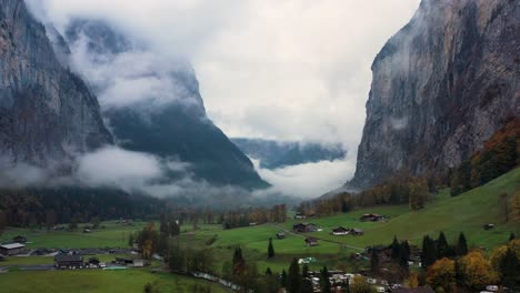 aerial footage during autumn in switzerland from lauterbrunnen village located in the swiss mountains